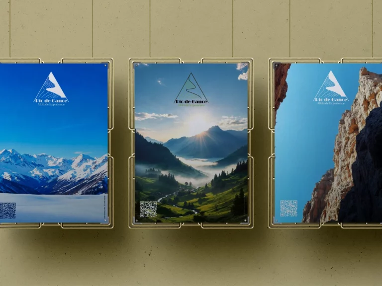 Trois affiches institutionnelles Pic de Gance, saisons hiver, été et univers rocheux, créées par Rachel Niveau infographiste à Niort