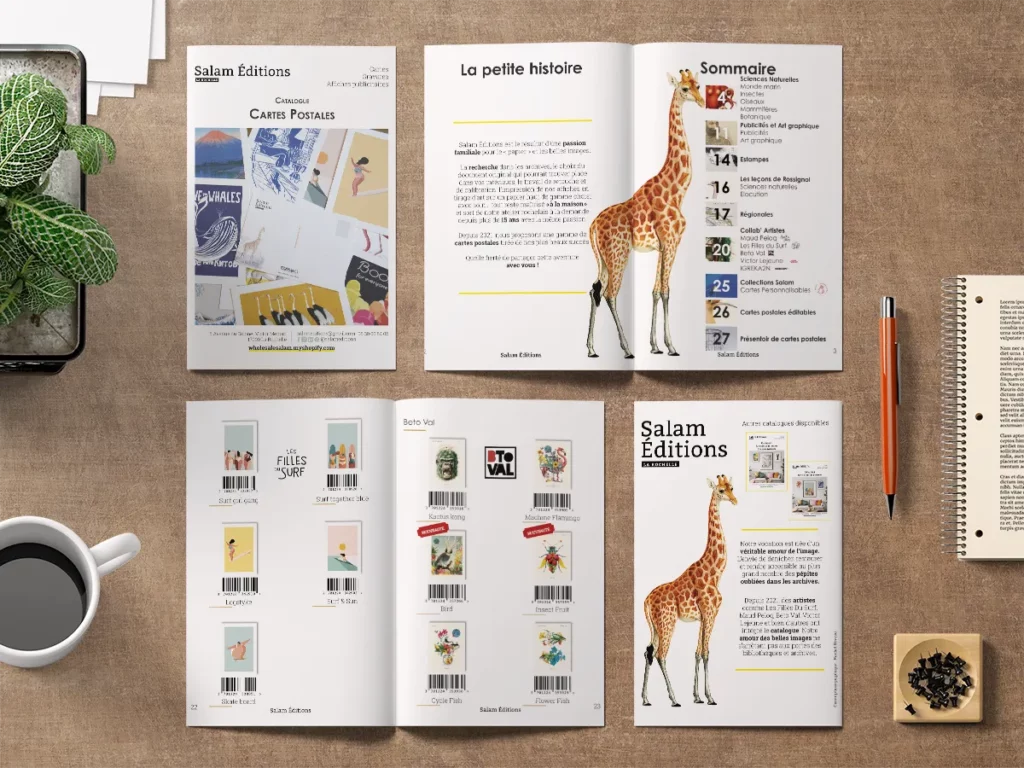 Rachel Niveau, infographiste à Niort, catalogue Salam Éditions cartes postales, création graphique sur InDesign