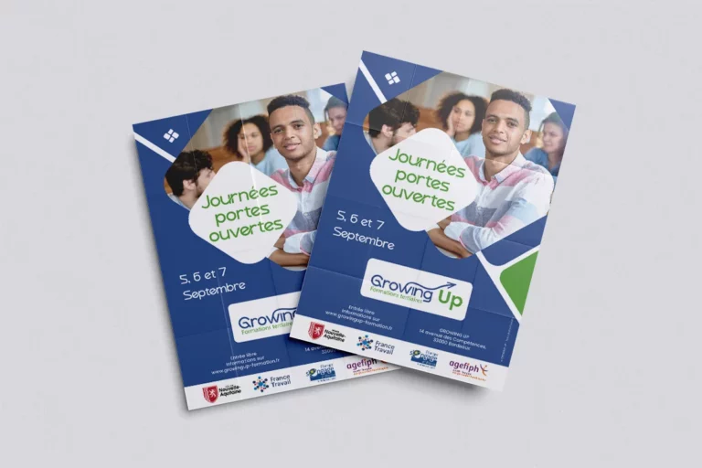 Affiche et flyer des journées portes ouvertes de Growing Up, créés par Rachel Niveau infographiste à Niort