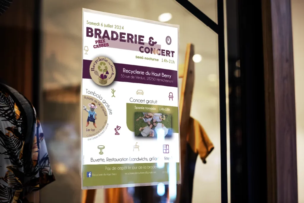 Rachel Niveau, infographiste et designer UI à Niort, affiche braderie concert Recyclerie créée sur Illustrator