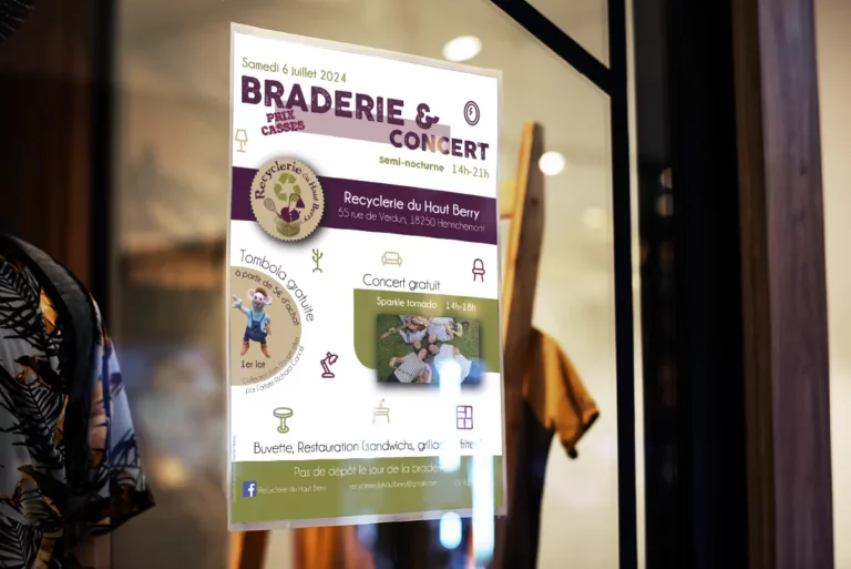 Rachel Niveau, infographiste et designer UI à Niort, affiche braderie concert Recyclerie créée sur Illustrator