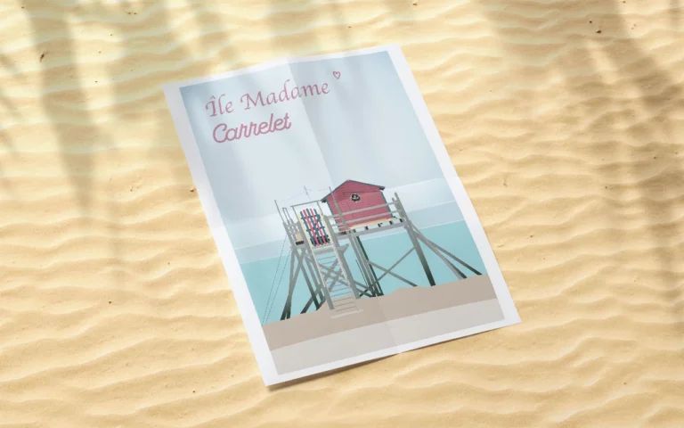 Rachel Niveau, infographiste et designer UI à Melle, affiche Carrelet Ile Madame sur fond sable créée sur Illustrator