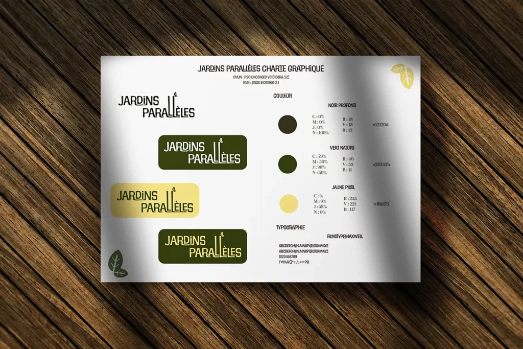 Mini charte graphique du logo Jardins Parallèles, création par Rachel Niveau, graphiste et designer UI à Celles-sur-Belle, Deux-Sèvres