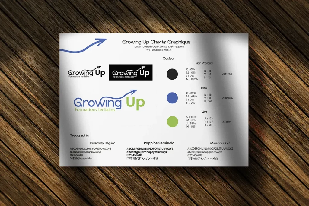 Mini charte graphique du logo Growing Up, création par Rachel Niveau, graphiste et webdesigner à Niort, Deux-Sèvres