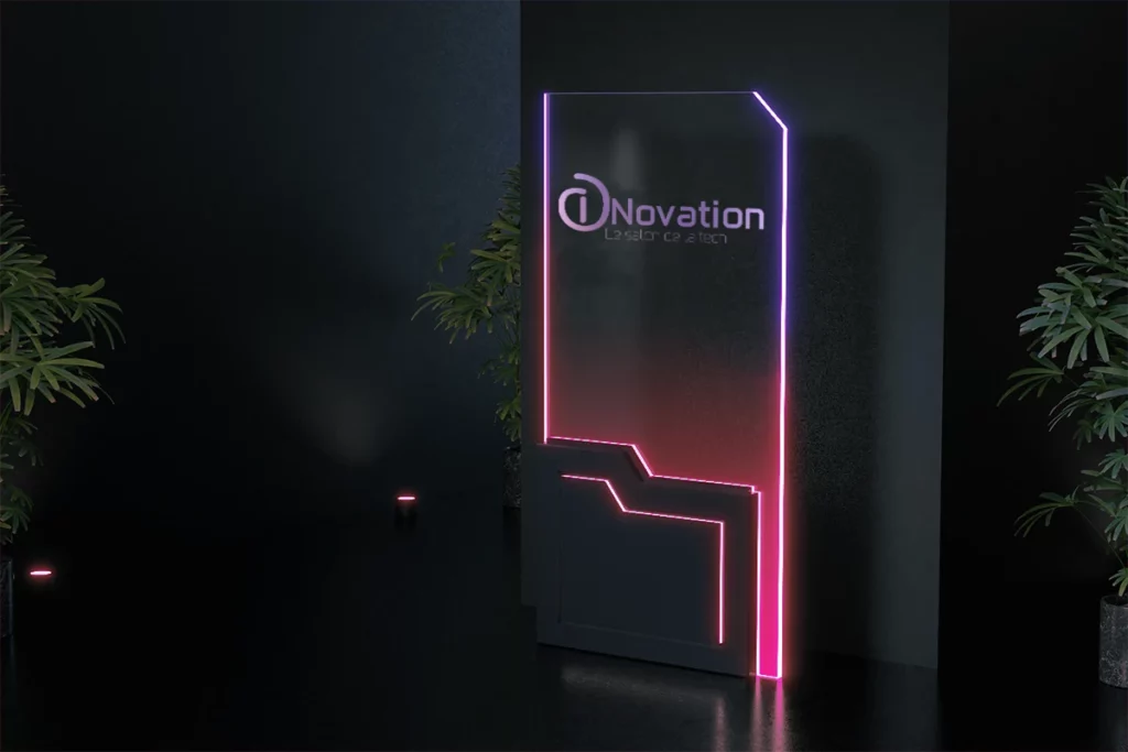 Vitre rétroéclairé avec branding violet et rose