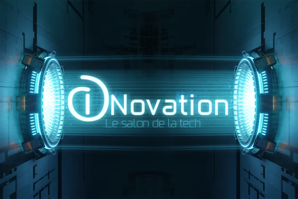 Logo iNovation en bleu lumineux avec effet de lumière circulaire sur fond noir