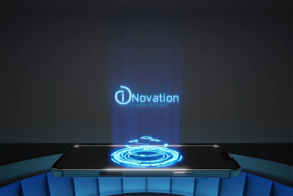 Logo lumineux “iNovation” projeté en hologramme dans un environnement sombre et futuriste