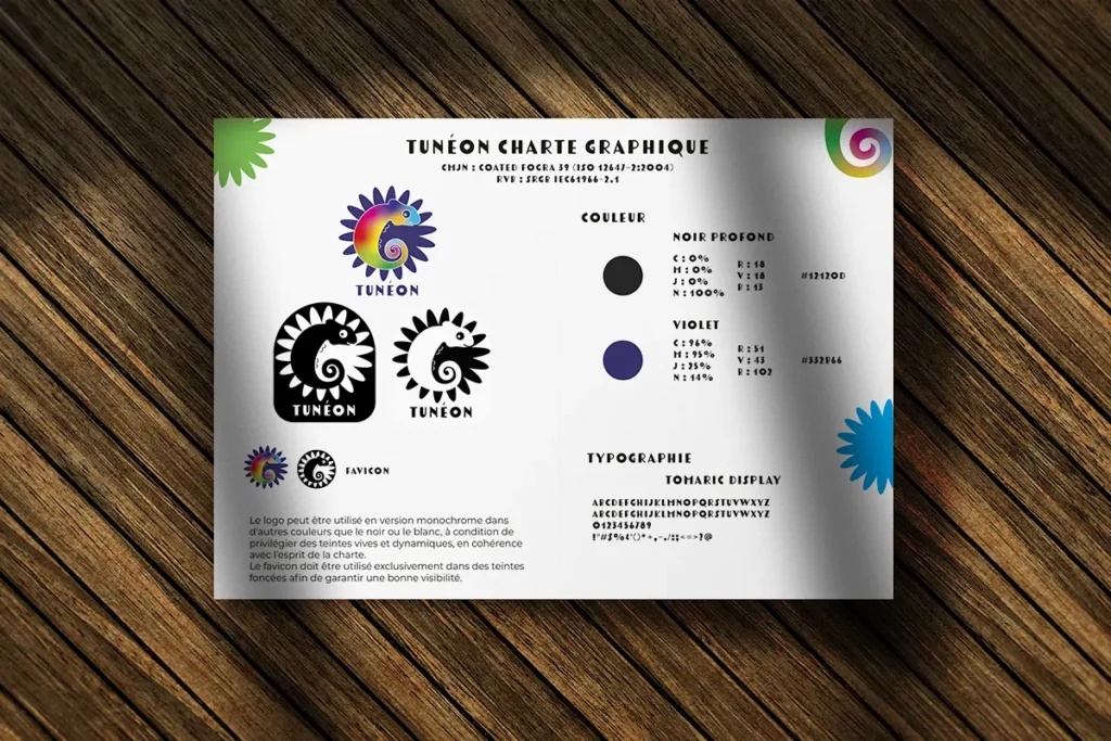 Mini charte graphique du logo Tunéon, design moderne par Rachel Niveau, Melle